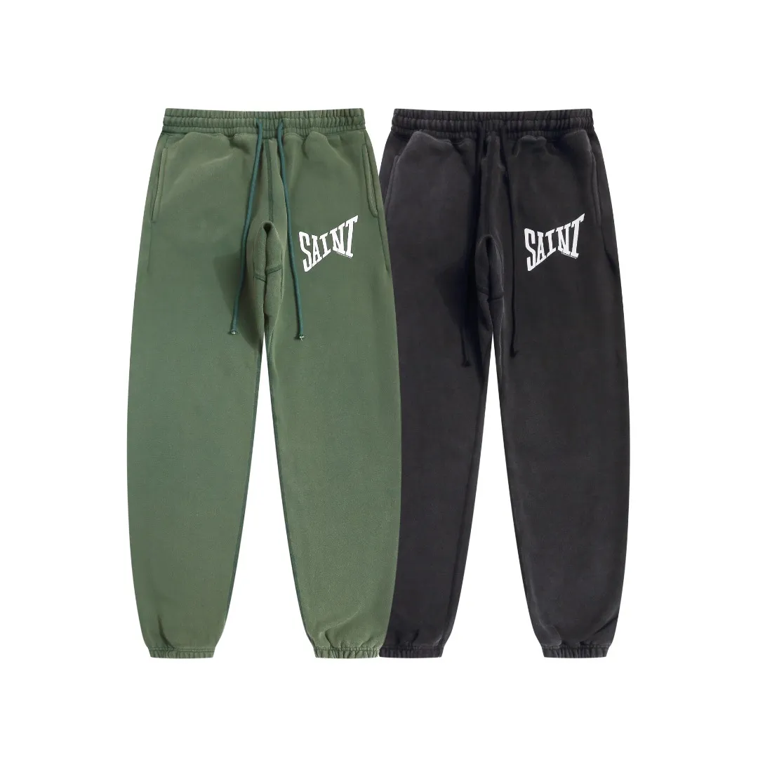 Stylish brand Saint Michael ribon saint pants classic letters retro washed and distressed high street casual loose leggings sweatpants trousers Style number: SM635 Size: S-M-L-XL Color: black-dark green Price: P236